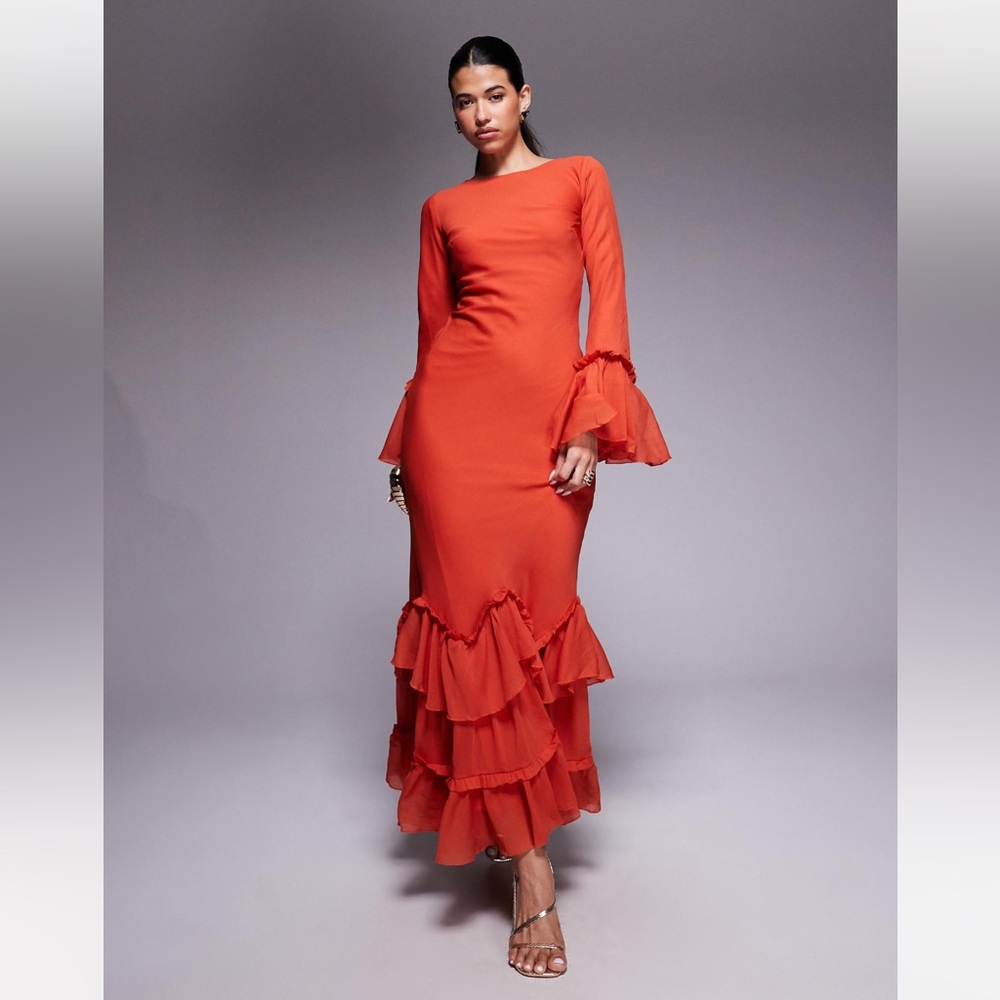 ASOS DESIGN tiered ruffle long sleeve chiffon maxi dress in red/orange